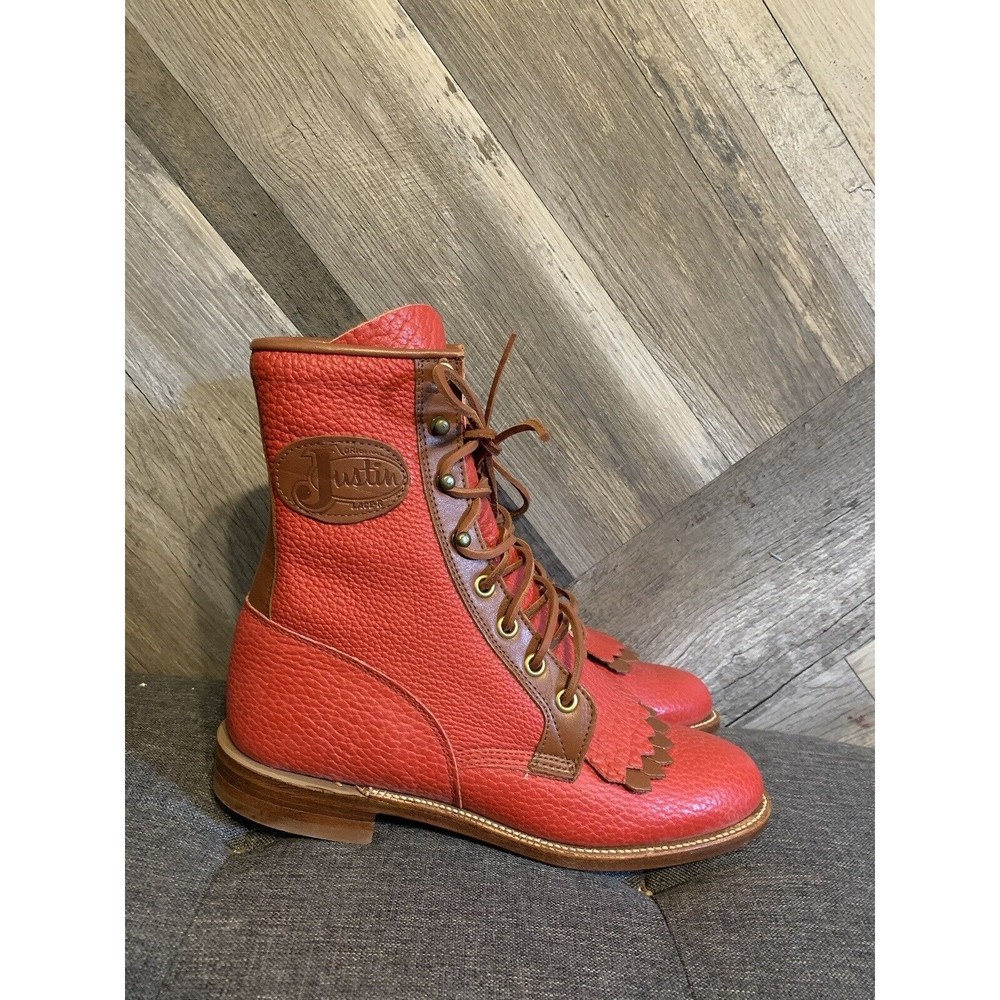 Red Justin Western Roper Kiltie Boots Women's 5.5 Red Brown Pebbled Leather USA